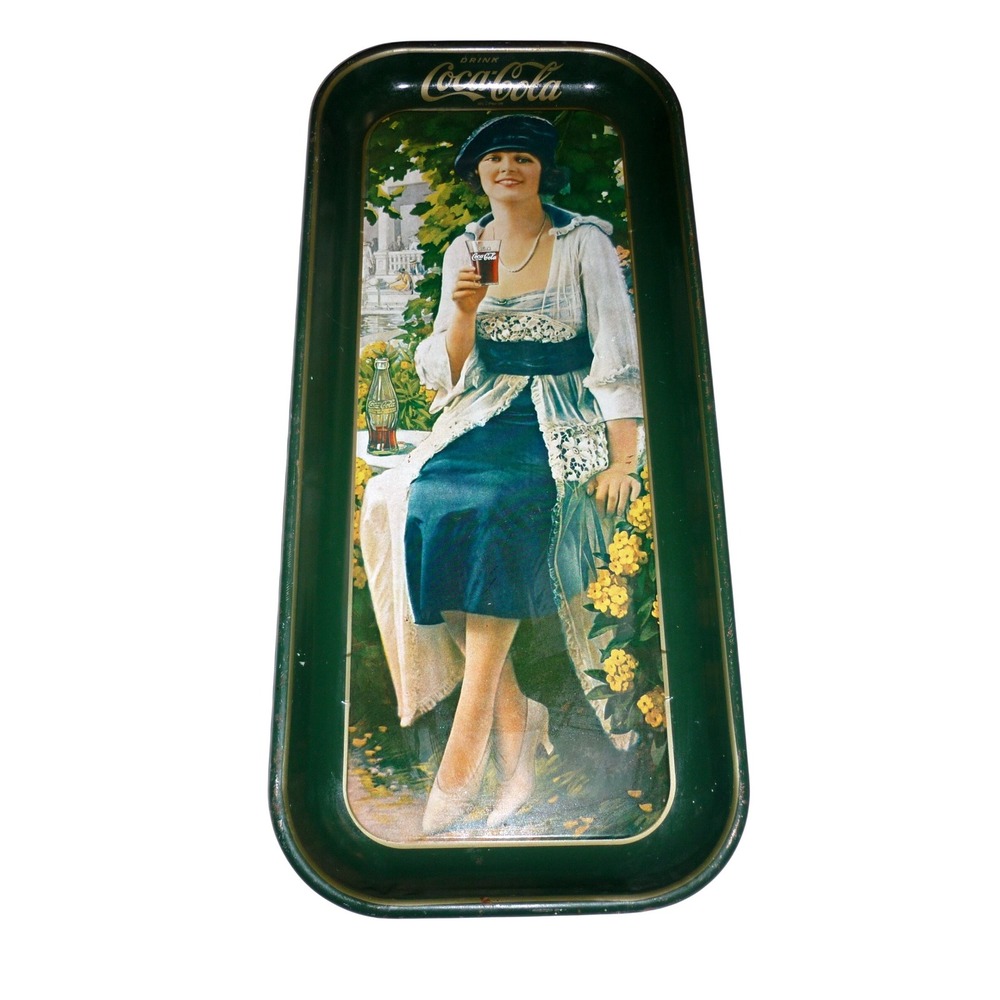 Vtg 1973 Coca-Cola Serving Tray 1921 Flapper Lady Blue Dress Metal Tin 19x8.5"
